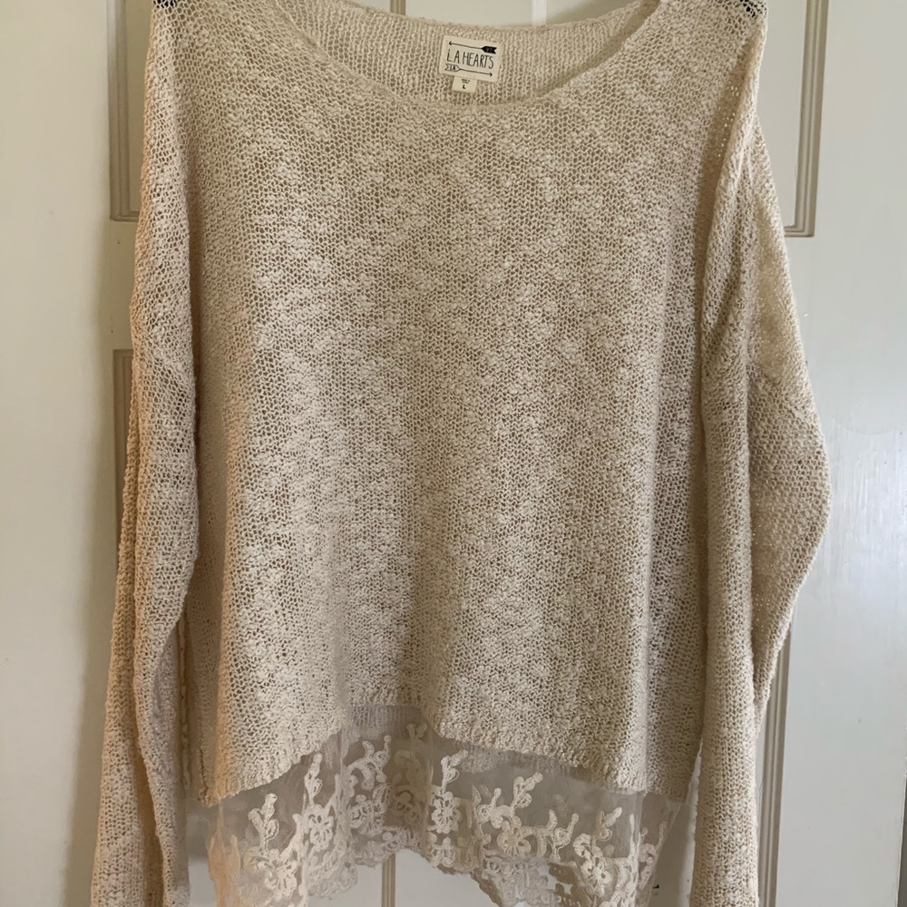 Boho sweater with lace trim on bottom